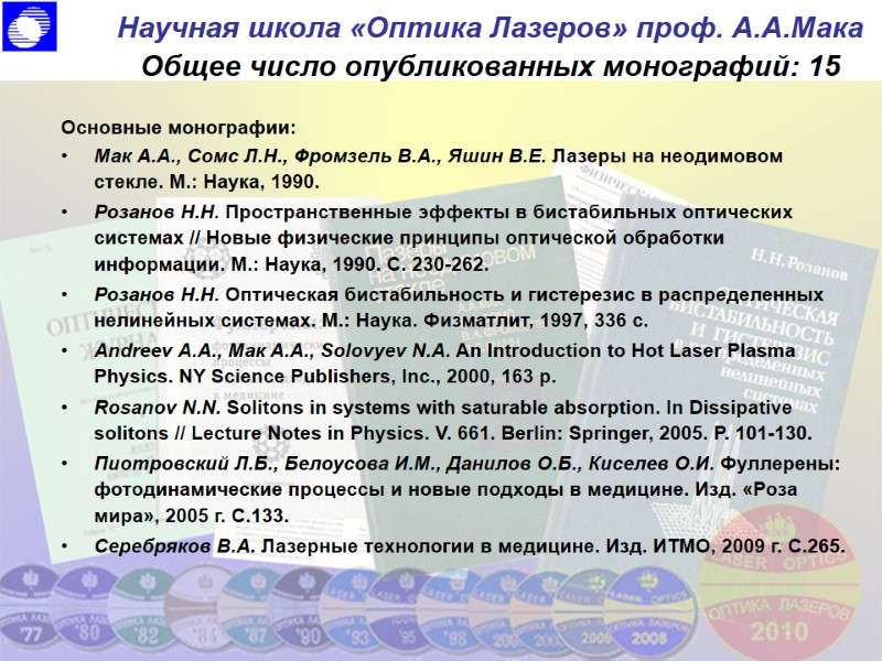 Научная школа «Оптика Лазеров» проф. А.А.Мака Общее число опубликованных монографий: 15 Основные монографии: Научная школа «Оптика Лазеров» проф. А.А.Мака Общее число опубликованных монографий: 15 Основные монографии: